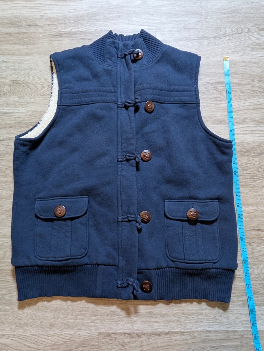 Old Navy Women L Vest Sherpa Lined Full Zip Toggle Button Flap Pocket Navy Blue